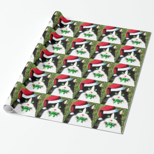 Fancy Kerst Tuxedo Cat Wrapping Paper Cadeaupapier (Uitgerold)