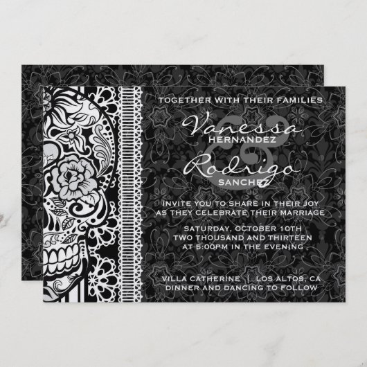 Fancy Lace Sugar Skull Day of the Dead Invitation (Devant / Derrière)