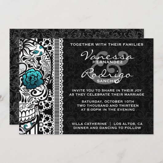 Fancy Lace Sugar Skull Day of the Dead Invitation (Devant / Derrière)
