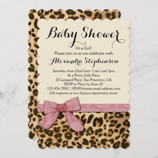 Fancy Leopard Rose Bow Girl Baby shower Invitation (Devant / Derrière)