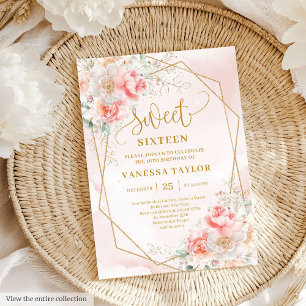 Fancy Lichtroze Gouden Bloemen Sweet 16 Invitation Kaart