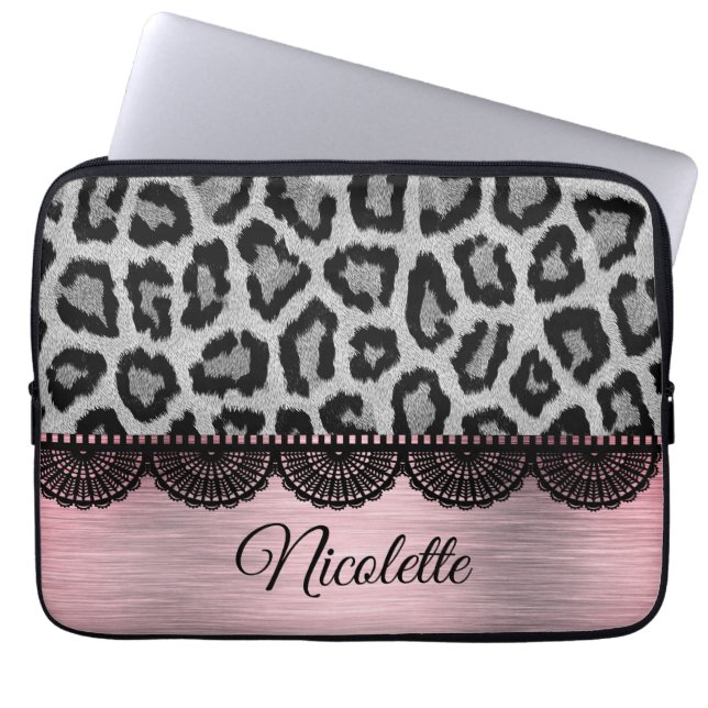 Fancy luipaard en kant met roze blindheid laptop sleeve (Voorkant)