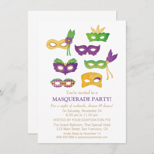 Fancy Mardi Gras Masquerade Party Invitations (Devant / Derrière)