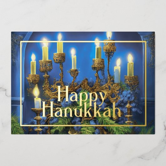 Fancy Menorah met groen Folie Feestdagenkaart (Voorkant)