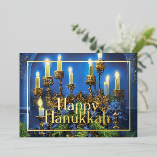 Fancy Menorah met groen Folie Feestdagenkaart (Staand Voorkant)