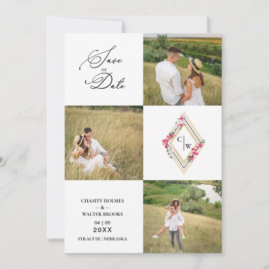 Fancy Modern Collage 3 Photos Wedding Couple Save The Date (Voorkant)