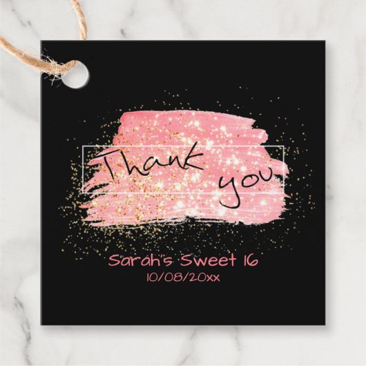 Fancy modern roze zwart en goudglitter bedankt bedankjes labels (Voorkant)