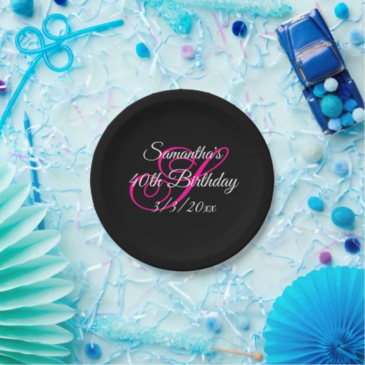 Fancy monogram zwart wit en warm roze papieren bordje (Feest)