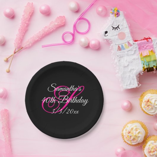 Fancy monogram zwart wit en warm roze papieren bordje (Feest)