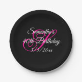 Fancy monogram zwart wit en warm roze papieren bordje (Voorkant)