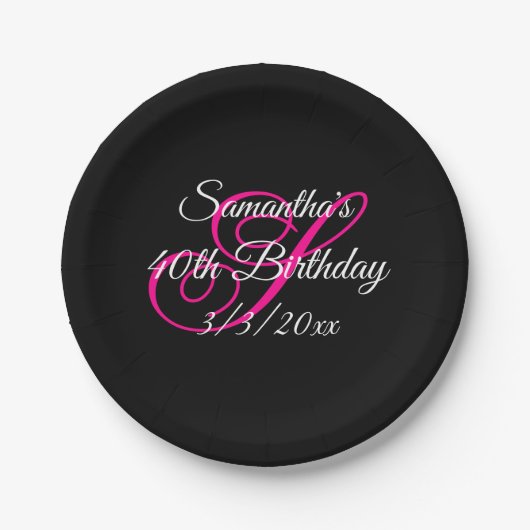 Fancy monogram zwart wit en warm roze papieren bordje (Voorkant)