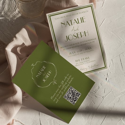Fancy Old Money Olive Green Luxury QR Code Wedding Kaart