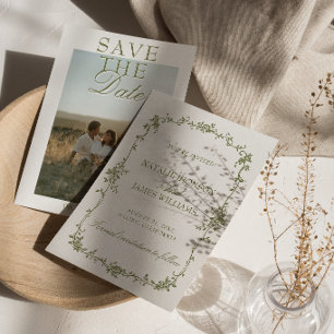 Fancy Olijfgroen Witte Bloemige Oude Foto Huwelijk Save The Date