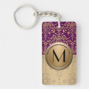 Fancy Paars en Goud Monogram Damast Patroon Sleutelhanger