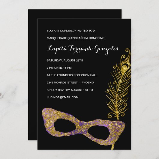 Fancy Paarse Masquerade Quinceanera Party Kaart (Voorkant / Achterkant)