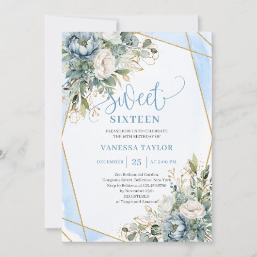 Fancy Pastel Blauw Wit Goud Bloem Sweet Sixteen Kaart (Voorkant)
