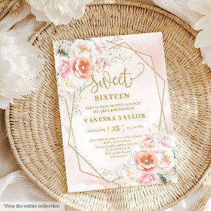 Fancy Pastelroze Sage Gold Floral Sweet 16 Uitnodi Kaart