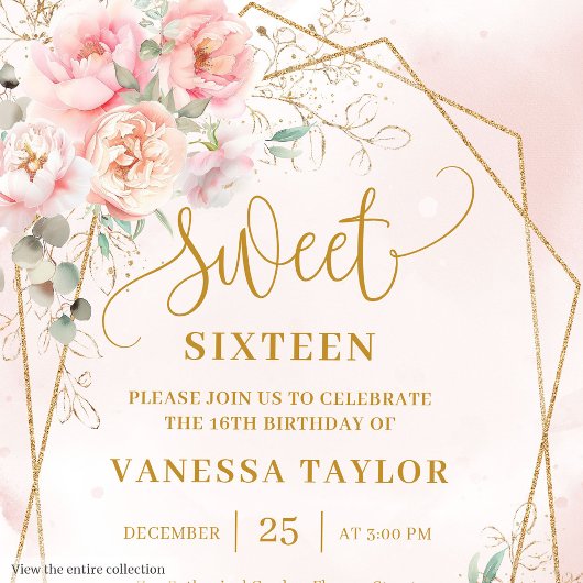 Fancy Pastelroze Sage Gold Floral Sweet 16 Uitnodi Kaart