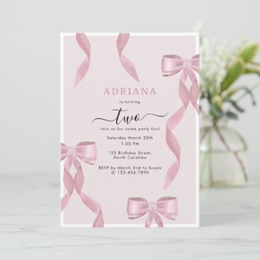 Fancy Pink Bow thème Fille Anniversaire Invitation (Debout devant)