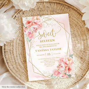 Fancy poederroze gouden bloemen Sweet 16 Invitatio Kaart