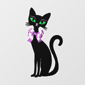 Fancy Pretty Black Cat Green Eyes Pink Bows Raamsticker (Vel)