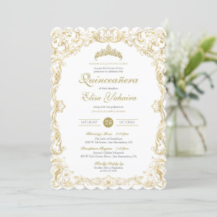Fancy Regal White Gold Elegant Quinceanera Kaart