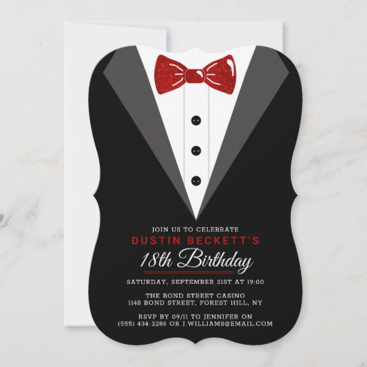 Fancy rood glitter Tuxedo 18th Birthday Kaart (Voorkant)