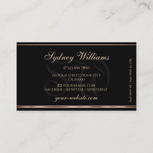 Fancy Roos Gold Sparkle Glitter Zwart en Monogram Visitekaartje (Achterkant)