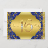 Fancy Royal Blue Gold Sweet 16 verjaardagsfeestje Kaart (Voorkant)