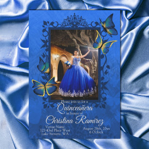 Fancy Royal Blue, gouden vlinder Quinceanera Kaart