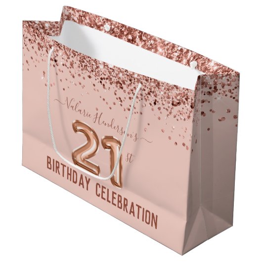 Fancy roze 21ste verjaardag Grote Gift Bag Groot Cadeauzakje (Voorkant Gekanteld)