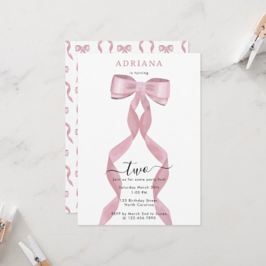 Fancy Roze Bow Girly Kids Verjaardagsuitnodiging Kaart (Voorkant / Achterkant in situ)