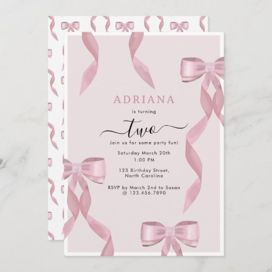 Fancy Roze Bow Thema Girly Verjaardagsuitnodiging Kaart (Voorkant / Achterkant)