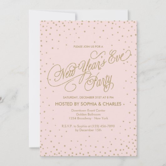 Fancy roze en gouden sterren nieuwjaarsfeest kaart (Voorkant)