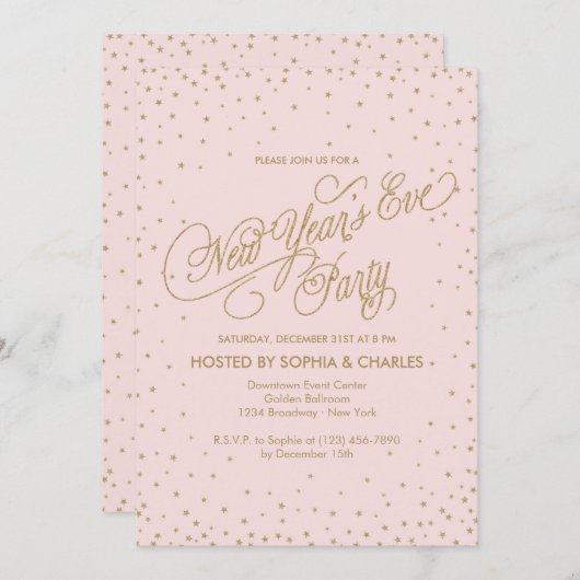 Fancy roze en gouden sterren nieuwjaarsfeest kaart (Voorkant / Achterkant)