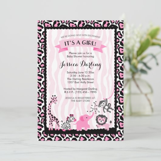 Fancy roze en zwart Safari Baby shower Kaart (Staand voorkant)