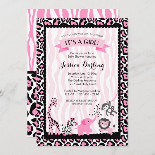 Fancy roze en zwart Safari Baby shower Kaart (Voorkant / Achterkant)