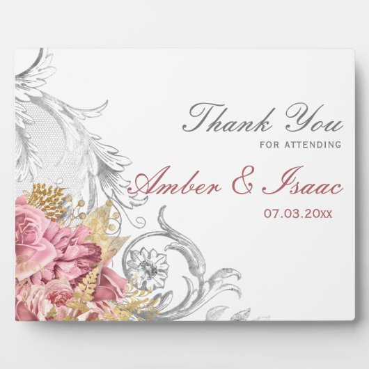 Fancy roze Floral bruiloft Bedankt Tafel Fotoplaat (Voorkant)