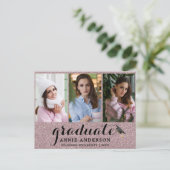 Fancy Roze Glitter 3 Foto Afstuderen Uitnodiging (Staand voorkant)