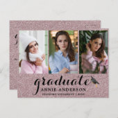 Fancy Roze Glitter 3 Foto Afstuderen Uitnodiging (Voorkant / Achterkant)