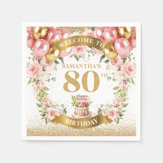 Fancy Roze Goud 80e Verjaardag Viering Servetten (Voorkant)