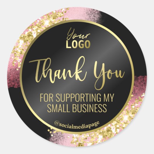 Fancy roze goud glitter zwart dank u Logo Ronde Sticker (Voorkant)