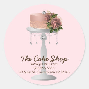 Fancy Roze Gouden Bloem Cake op Standaard Bakkerij Ronde Sticker