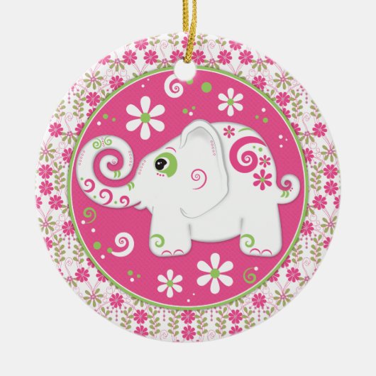 Fancy Roze Groene Olifant en Bloemen Ornament (Voorkant)