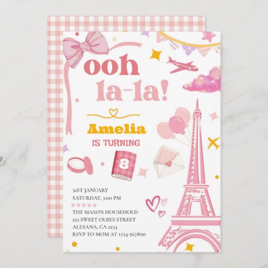 Fancy roze Paris Eiffeltoren Uitnodiging Gingham (Voorkant / Achterkant)