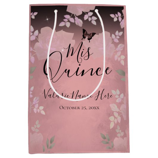 Fancy Rozen Quinceanera Roze Medium Gift Bag Cadeauzakje (Voorkant)