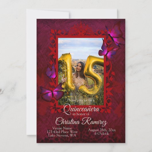 Fancy Ruby Red Butterfly Quinceanera Invitation (Devant)