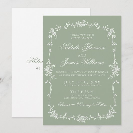 Fancy Sage Green Floral Boho Botanical Wedding Kaart (Voorkant / Achterkant)