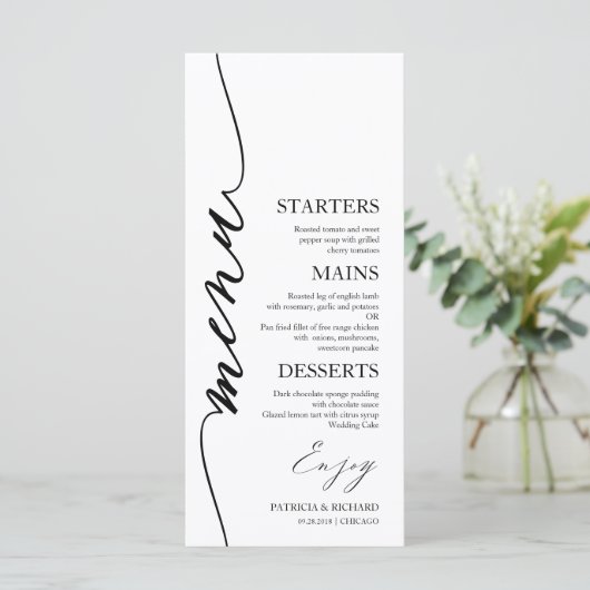 Fancy Script 4x9 Bruiloft Menu Kaart Voor Bord (Staand voorkant)