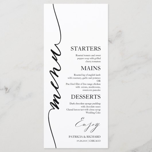 Fancy Script 4x9 Bruiloft Menu Kaart Voor Bord (Voorkant)